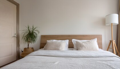 modern minimalist bedroom interior design with white bedding and wooden accents neutral color palette