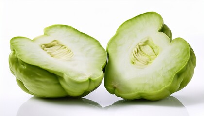 fresh chayote squash cut in half isolated on white background n healthy green vegetable full of nutrients