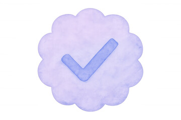 Watercolor check mark verifying quality, floating over purple scalloped circle with transparent background
