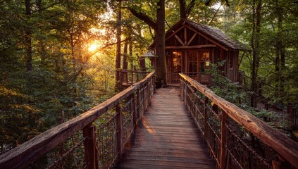 Fototapeta premium Wooden treehouse at sunset. Sunrise pathway