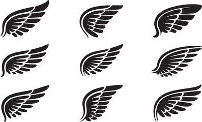 Wings set vector illustration with feathers and decorative design for tattoo or symbol artwork. set of black wings icons, angel or bird wings
