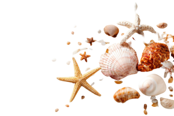 Seashells and starfish on black background