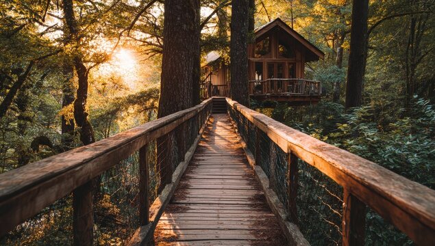 Wooden bridge leading to a treehouse cabin in a forest at sunset - Powered by Adobe