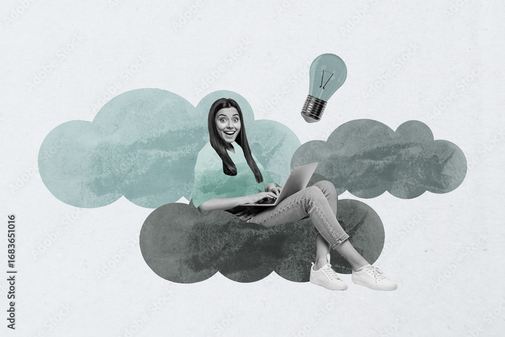 Poster banner image collage of person sit clouds use netbook with lightbulb on grey background