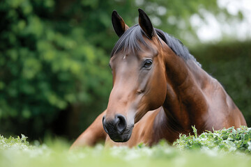 Obraz premium A majestic brown horse relaxing peacefully in the green grass, with a soft-focus background