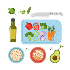 A collection of fresh and healthy food ingredients for cooking a balanced meal, featuring grilled chicken, vegetables on a cutting board, rice, and avocado in a flat lay illustration