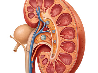 Highly Detailed Realistic Painting of a Human Kidney Cross Section with Ureter and Bladder Anatomical Illustration isolated on a transparent background