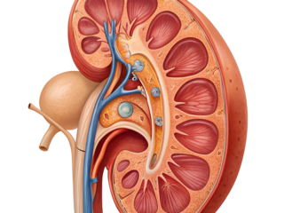 Highly Detailed Realistic Painting of a Human Kidney Cross Section with Ureter and Bladder Anatomical Illustration isolated on a transparent background