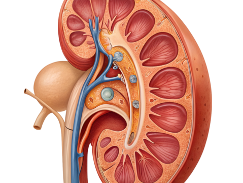 Highly Detailed Realistic Painting of a Human Kidney Cross Section with Ureter and Bladder Anatomical Illustration isolated on a transparent background