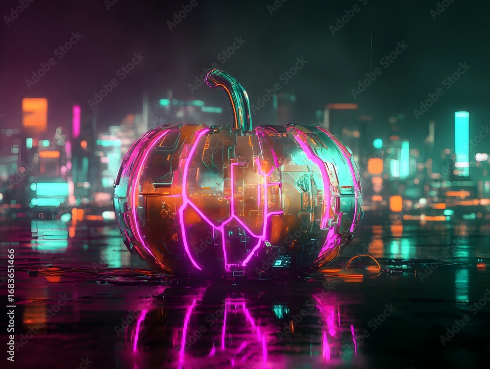Poster cyberpunk glowing pumpkin with neon veins in urban setting generative ai