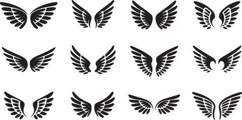 Fototapeta premium Wings set vector illustration with feathers and decorative design for tattoo or symbol artwork. set of black wings icons, angel or bird wings