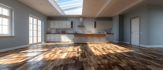 Empty room with hardwood floor, kitchen cabinets, and skylight