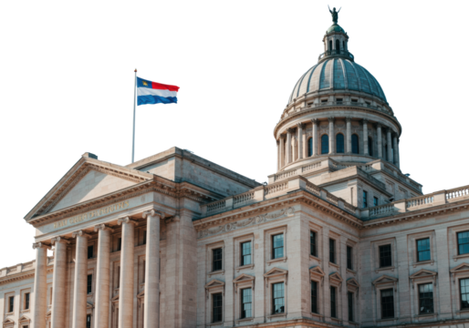 Majestic neoclassical government building with towering fluted columns, ornate pediment, multi-tiered dome, light stone, generic flag under bright blue sky. Concept of robust governance