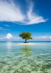 Obraz premium A serene island with a solitary tree under a bright blue sky and clear water view