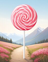 A large, vibrant pink and white swirl lollipop stands tall on a path through a field of pink flowers, leading to a backdrop of snow-capped mountains.