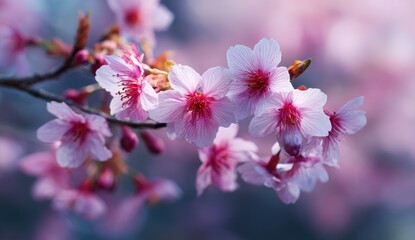 Obraz premium Close-up of delicate pink cherry blossoms in soft focus