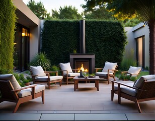 cozy outdoor space featuring a modern fireplace stylish chairs and lush greenery perfect for relaxation and gatherings