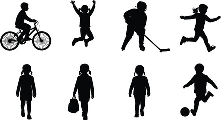 Children Silhouette Set of Kids Playing, Walking, Running, Cycling, Kicking Ball, Jumping, Sports and Daily Activity Poses