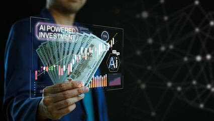 AI powered investment concept with person holding US dollars and digital screen showing financial charts, growth and data analytics