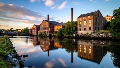Obraz premium Riverfront buildings at sunset reflected in calm water