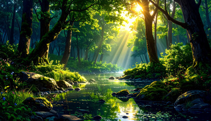 Obraz premium The rays of the rising sun penetrate with difficulty through the thicket and the serenity of the green forest, illuminating the water surface in front and the stones standing in the water