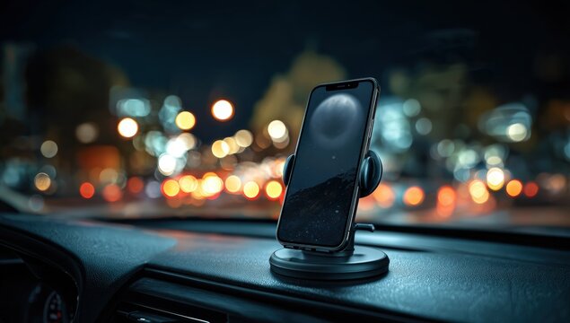 Smartphone mounted in a car dashboard at night