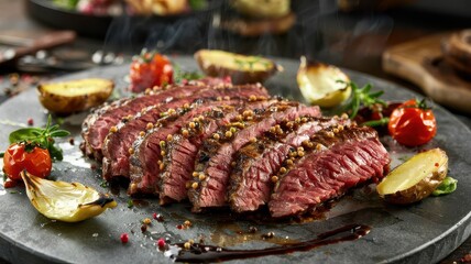 Marinated flank steak sliced and beautifully presented on dark slate with roasted vegetables, herbs, and colorful peppercorns garnish