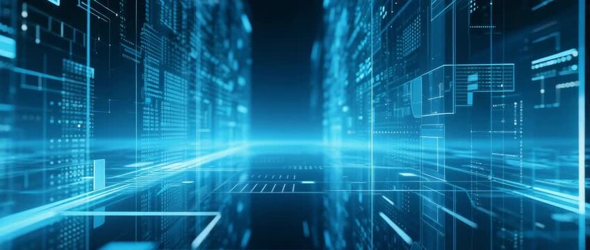 Digital binary code lines form a futuristic network pattern on an abstract blue background