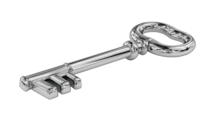 A metallic key angled in 3D