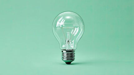 Transparent clear glass light bulb isolated on pastel mint background with minimal modern composition