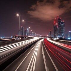 Fototapeta premium Dynamic night traffic with colorful car light trails on city highway