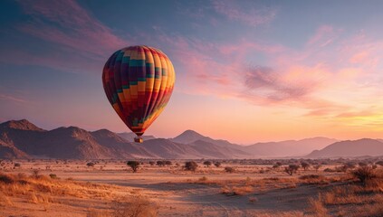 Fototapeta premium Colorful hot air balloon over a vast desert landscape at sunrise