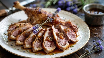 Honey lavender duck breast sliced and elegantly plated with fresh herb garnish and glaze, gourmet culinary photography with natural lighting and artistic presentation
