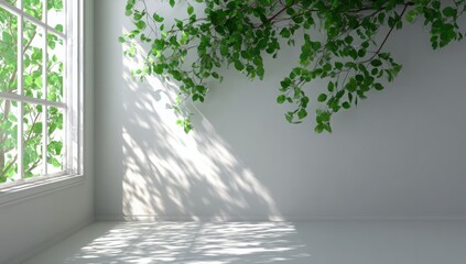 Nature's Embrace: A bright, sunlit room, where a window offers a glimpse of the outside world, is beautifully contrasted by the elegant placement of branches with verdant foliage. 