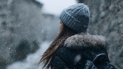 Woman in a warm winter coat and knitted beanie stands amidst falling snow observing the serene snow covered landscape on a cold day