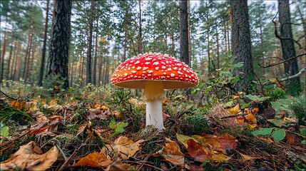 Fly agaric mushroom in pine forest autumn ground poisonous fungi toxic red cap nature dangerous hallucinogenic