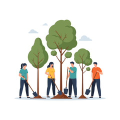 A group of young volunteers planting trees together for environmental conservation and reforestation, a flat vector illustration.