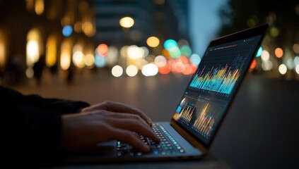 Person working on laptop at night in city