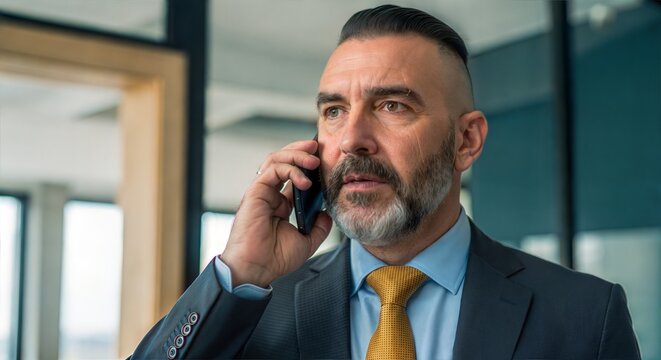 Focused businessman talking on a smartphone in a modern office, engaged in a professional call.