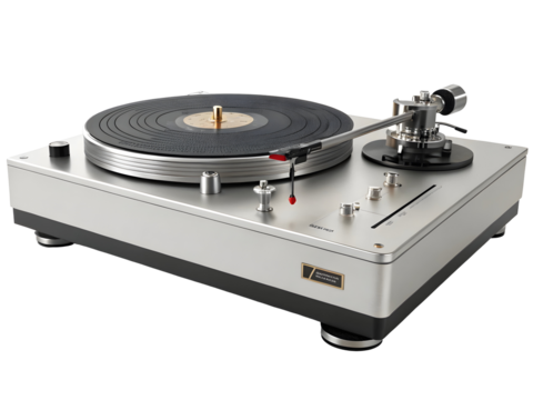 Silver and Black Audio Turntable with Tonearm and Record on a Black Background isolated on a transparent background