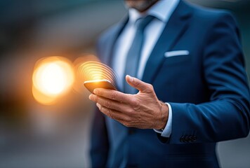Close-up of a man in a suit interacting with a glowing smartphone outdoors at night