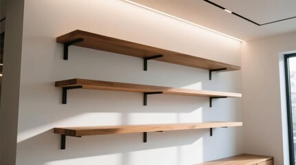 Three wooden shelves mounted on a white wall with black brackets. Sunlight streams into the room