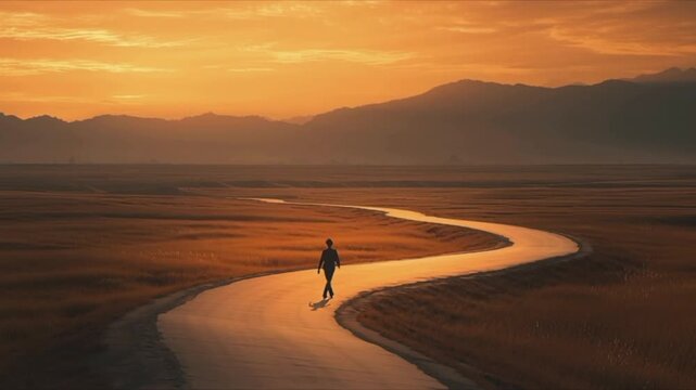 一本の道を歩く一人の人物と人生の旅を象徴する風景「生成AI」