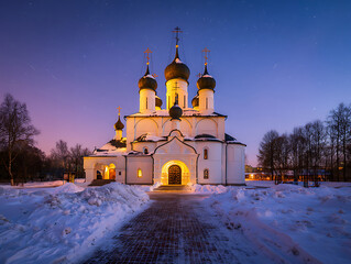 Beautiful ancient orthodox church illuminated at dusk with snowcovered ground and starry sky