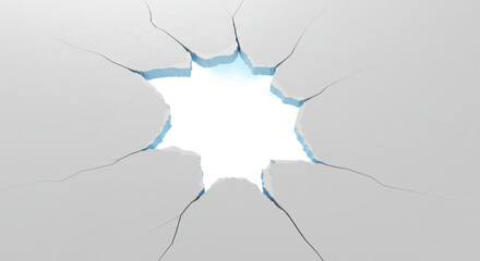 Pristine transparent surface with delicate texture, fractured by sharp irregular tear revealing a luminous cool-toned void in a minimalist studio, concept of breakthrough and innovation