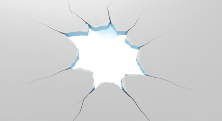 Pristine transparent surface with delicate texture, fractured by sharp irregular tear revealing a luminous cool-toned void in a minimalist studio, concept of breakthrough and innovation