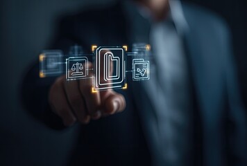 Businessperson interacts with holographic file icons