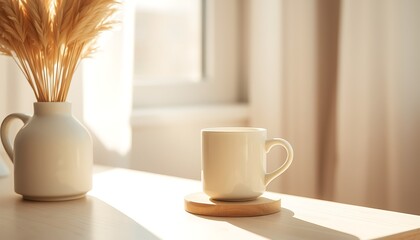 Serene Indoor Scene with Wheat Stalks in Vase and Coffee Mug in Sunlight morning