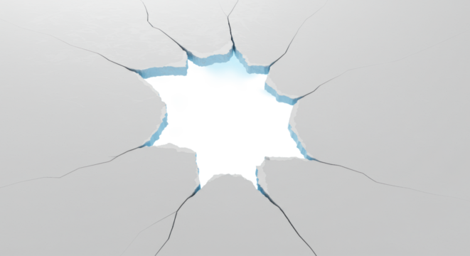 Pristine transparent surface with delicate texture, fractured by sharp irregular tear revealing a luminous cool-toned void in a minimalist studio, concept of breakthrough and innovation