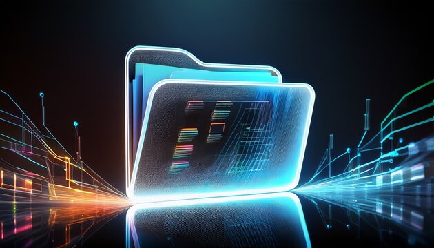 glowing digital folder with illuminated files inside on dark reflective surface showing futuristic data storage concept